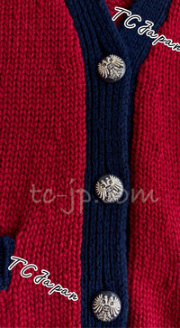 CHANEL 15PF Green Red Flower Patch Wool Cardigan Blue Sweater 34 36 38 シャネル グリーン・レッド・バイカラー お花ワッペン・ウール・カーディガン・水色・セーター