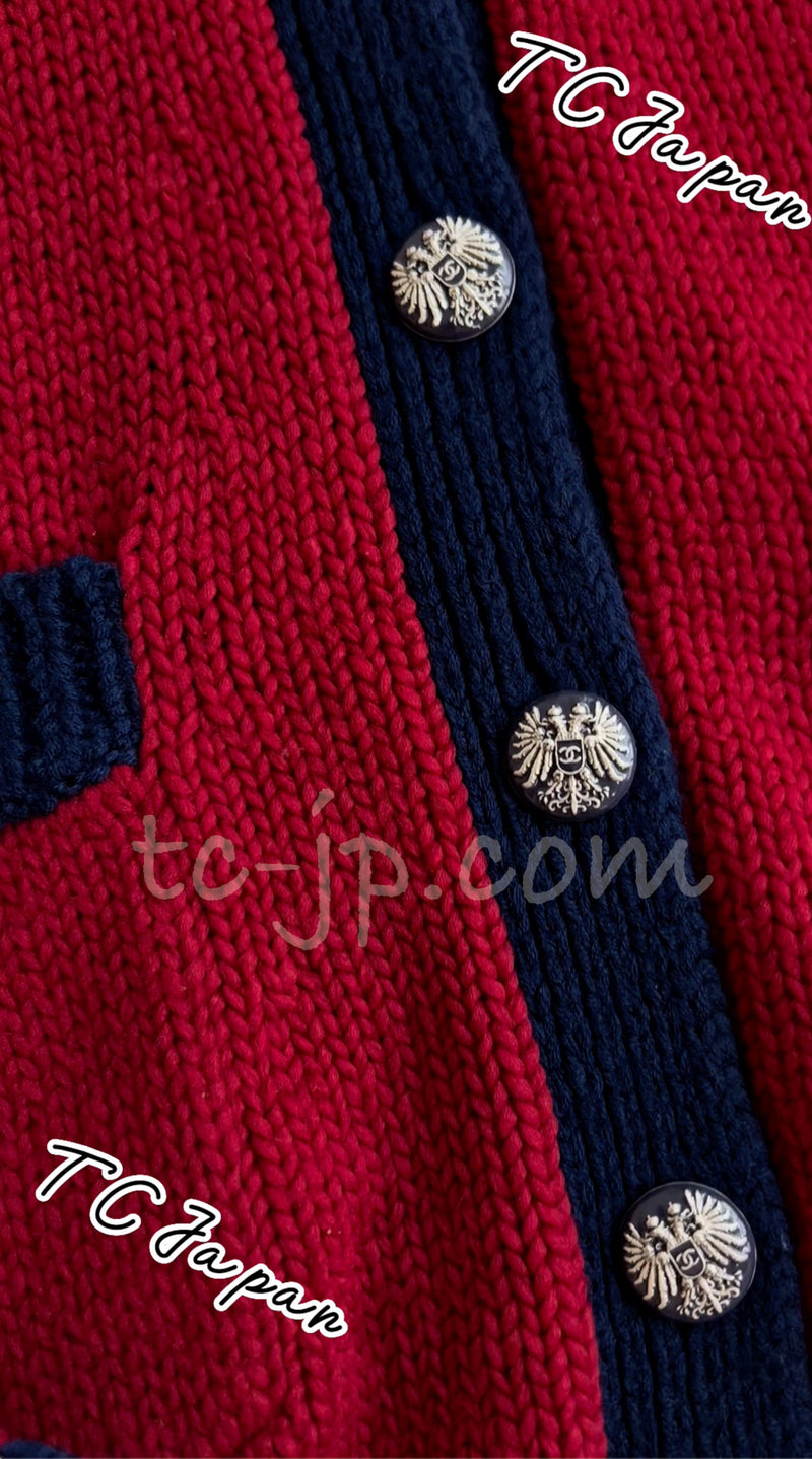 CHANEL 15PF Green Red Flower Patch Wool Cardigan Blue Sweater 34 36 38 シャネル グリーン・レッド・バイカラー お花ワッペン・ウール・カーディガン・水色・セーター