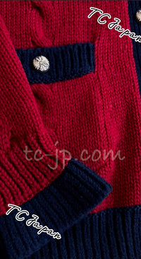CHANEL 15PF Green Red Flower Patch Wool Cardigan Blue Sweater 34 36 38 シャネル グリーン・レッド・バイカラー お花ワッペン・ウール・カーディガン・水色・セーター