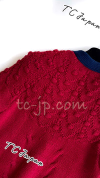 CHANEL 15PF Green Red Flower Patch Wool Cardigan Blue Sweater 34 36 38 シャネル グリーン・レッド・バイカラー お花ワッペン・ウール・カーディガン・水色・セーター