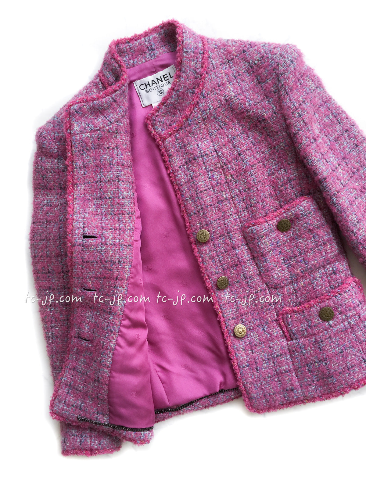 CHANEL 97A Pink Light Blue Tweed BOUCLE Jacket 34 シャネル ピンク・ライトブルー・ツイード・ブークレ ジャケット 即発