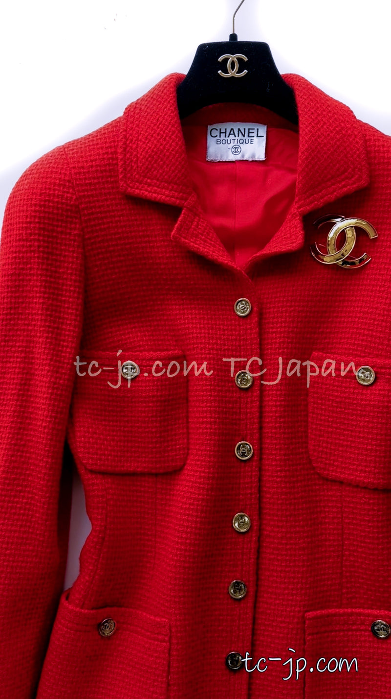 CHANEL 91A Vintage Coral Pink Red Wool Gold Button Jacket 36 38 42 シャネル  ヴィンテージ・コーラルピンク・レッド・ウール・ゴールド・ボタン・ジャケット 即発