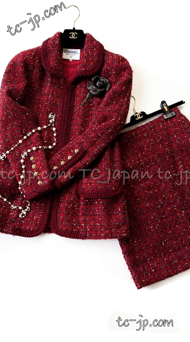 CHANEL 90A Vintage Red Wool Mohair Gold Button Jacket Skirt Suit 38 シャネル・ヴィンテージ・レッド・ウール・モヘア・ゴールドボタン・ジャケット・スカートスーツ 即発