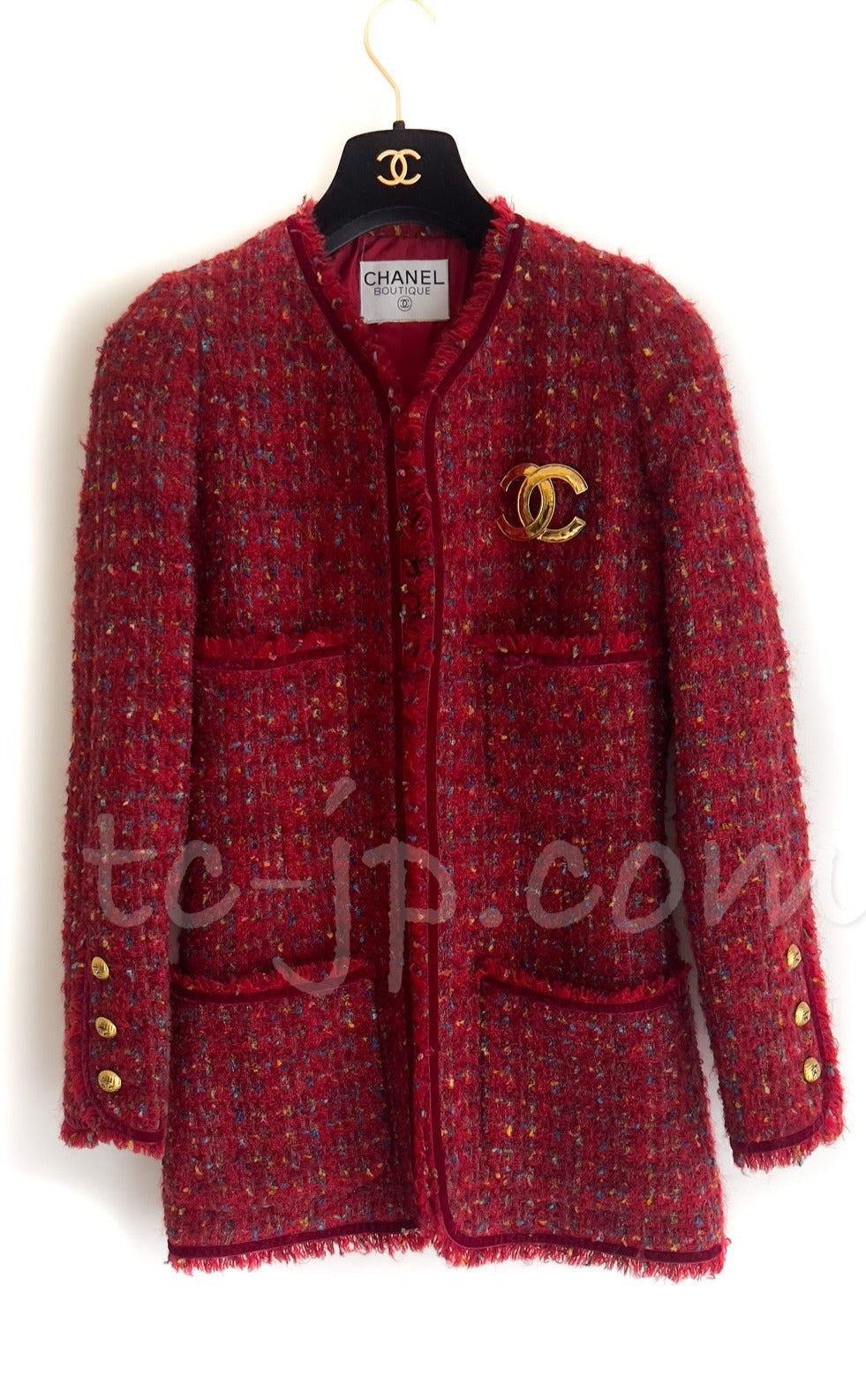 CHANEL 90A Vintage Red Wool Mohair Gold Button Jacket Skirt Suit 38 シャネル・ヴィンテージ・レッド・ウール・モヘア・ゴールドボタン・ジャケット・スカートスーツ 即発