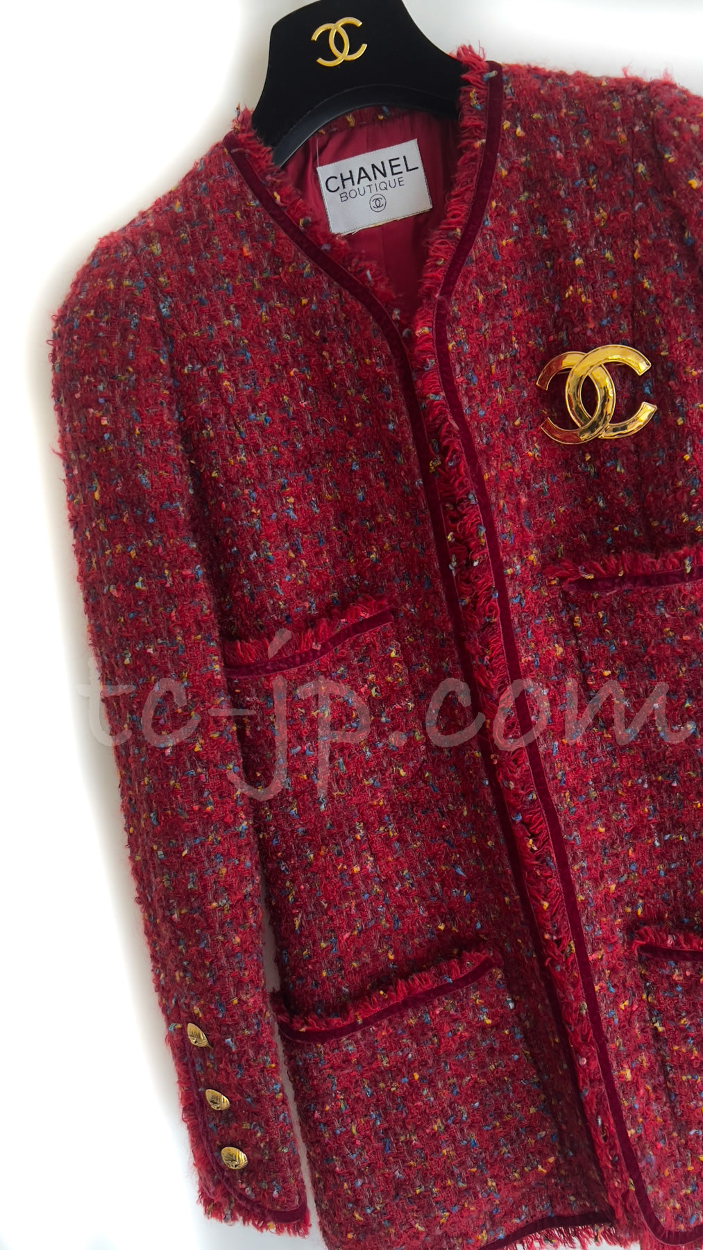 CHANEL 90A Vintage Red Wool Mohair Gold Button Jacket Coat 40 42 シャネル  ヴィンテージ レッド ウール モヘア ゴールド CCロゴボタン ジャケット コート