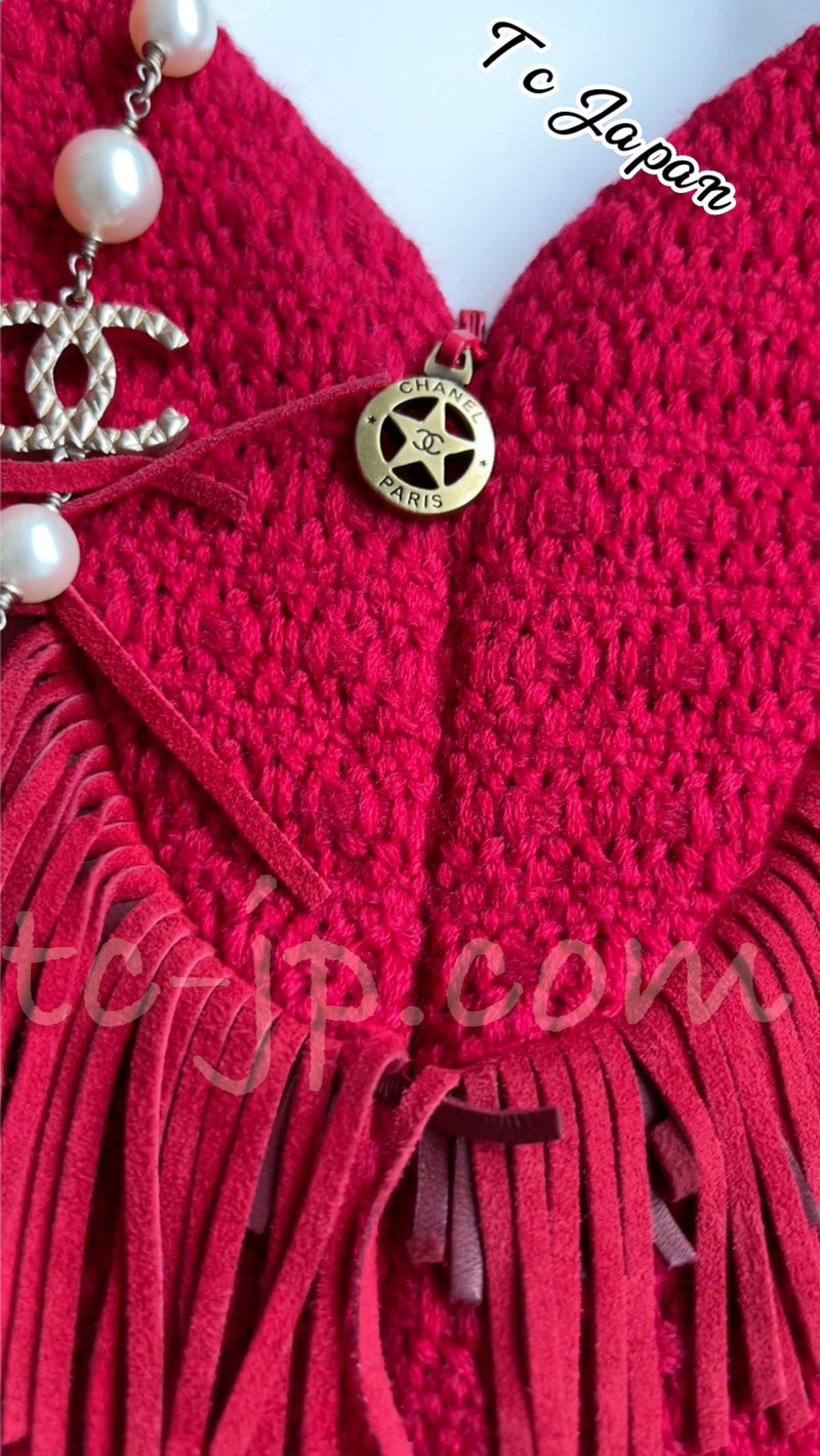 CHANEL 14PF Red Fringe Leather Wool Tweed Dress 34 シャネル レッド・ウール・レザートリミング・ワンピース 即発 - TC JAPAN
