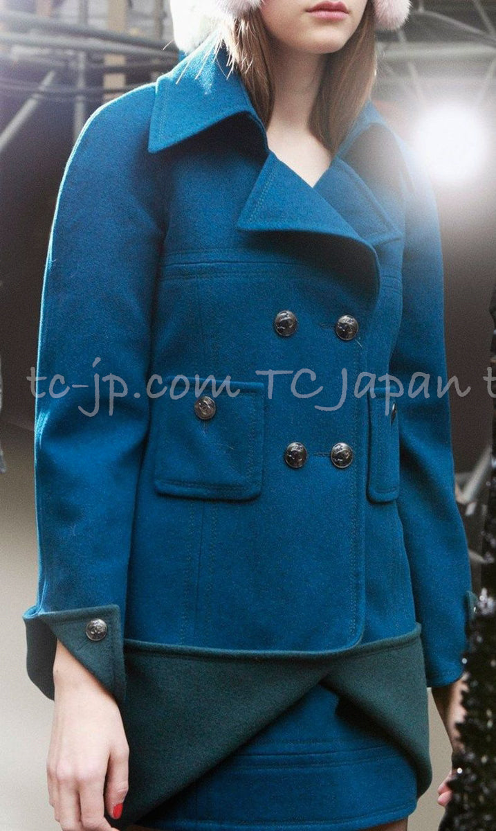 CHANEL 13A Green Blue Wool Jacket Coat 40 シャネル グリーン・ブルー・ウール・ジャケット・コート 即発