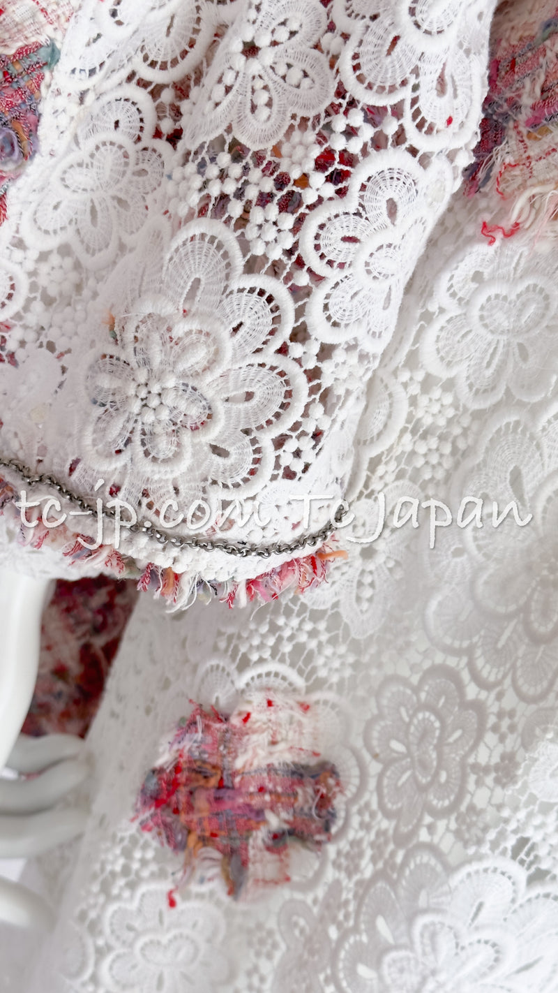 CHANEL 04S White Multicolor Camellia Cardigan Jacket Skirt Setup 36 シャネル ホワイト・マルチカラー・カメリア・カーディガン・スカート 即発