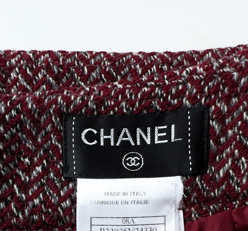 CHANEL 08A Red Grey Wool Tweed Jacket Skirt Suit 36 シャネル レッド・グレー・ウール・ツイード・ジャケット・スカート スーツ