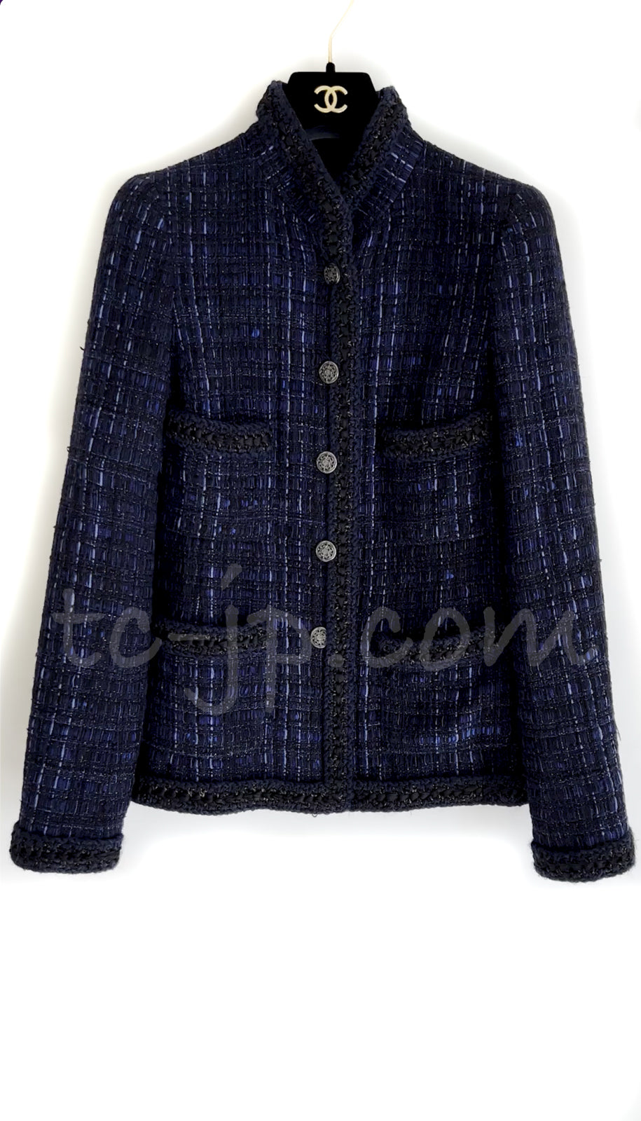 シャネル ネイビー ブラック コットン シルク ツイード ジャケット スタンド カラー CHANEL 10PF Navy Black Cotton  Silk Tweed Jacket Stand Collar – TC JAPAN