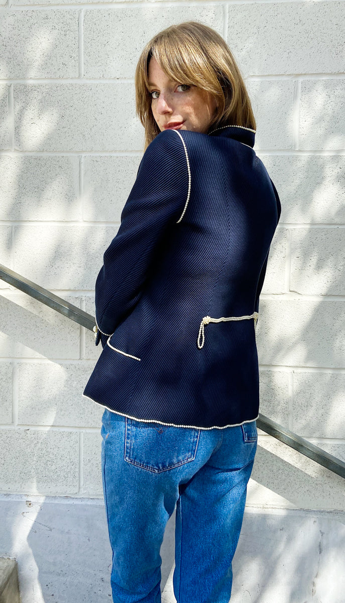 CHANEL 09S Pearl Navy Dress Jacket 34 36 シャネル ナポレオン・パール装飾・ネイビー ・ミリタリー・ワンピース・ジャケット 即発