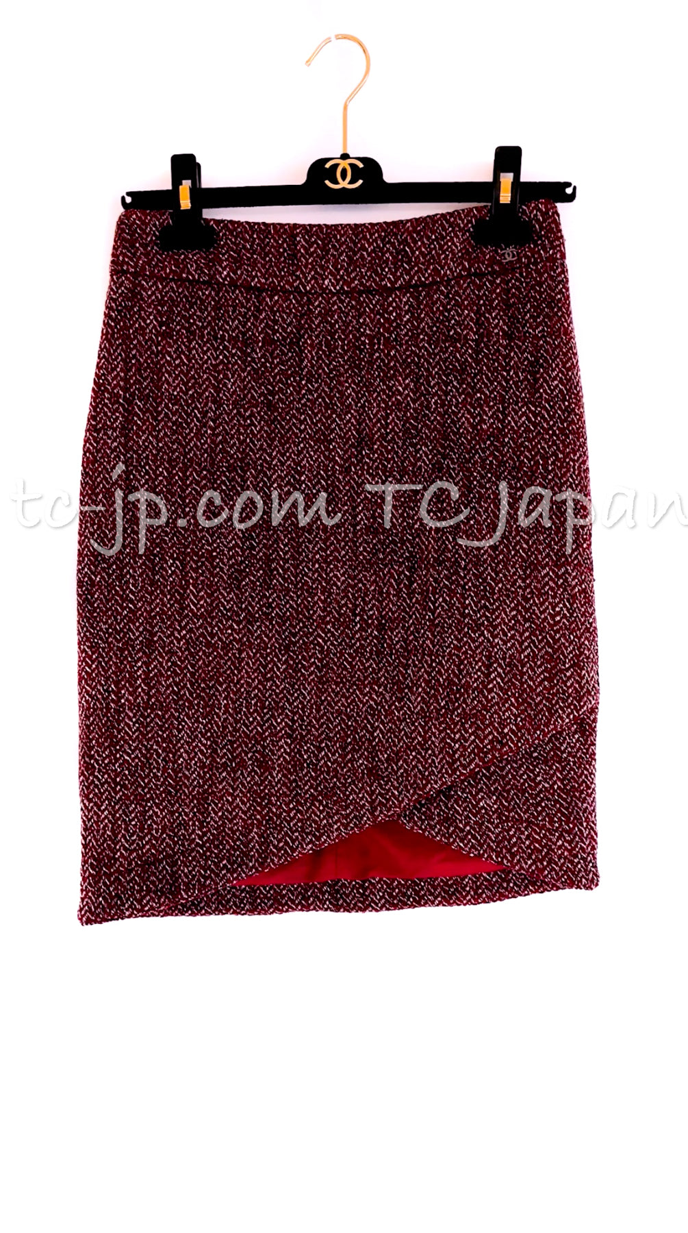 CHANEL 08A Red Grey Wool Tweed Jacket Skirt Suit 36 シャネル レッド・グレー・ウール・ツイード・ジャケット・スカート スーツ