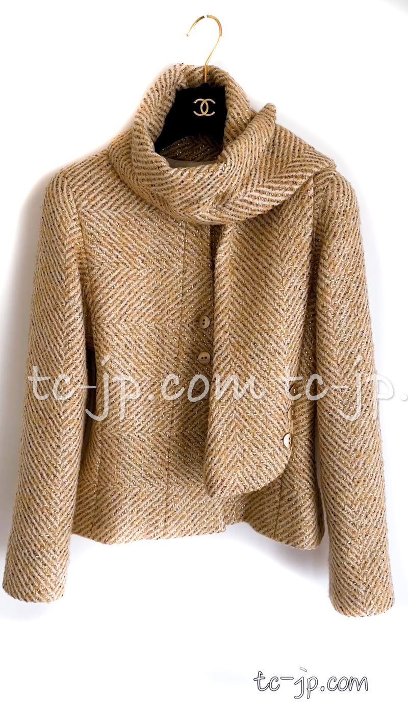 CHANEL 00A Vintage Gold Beige Wool Jacket w/ Scarf 36 38 シャネル  ヴィンテージ・ゴールド・ベージュ・ウール・ジャケット 即発