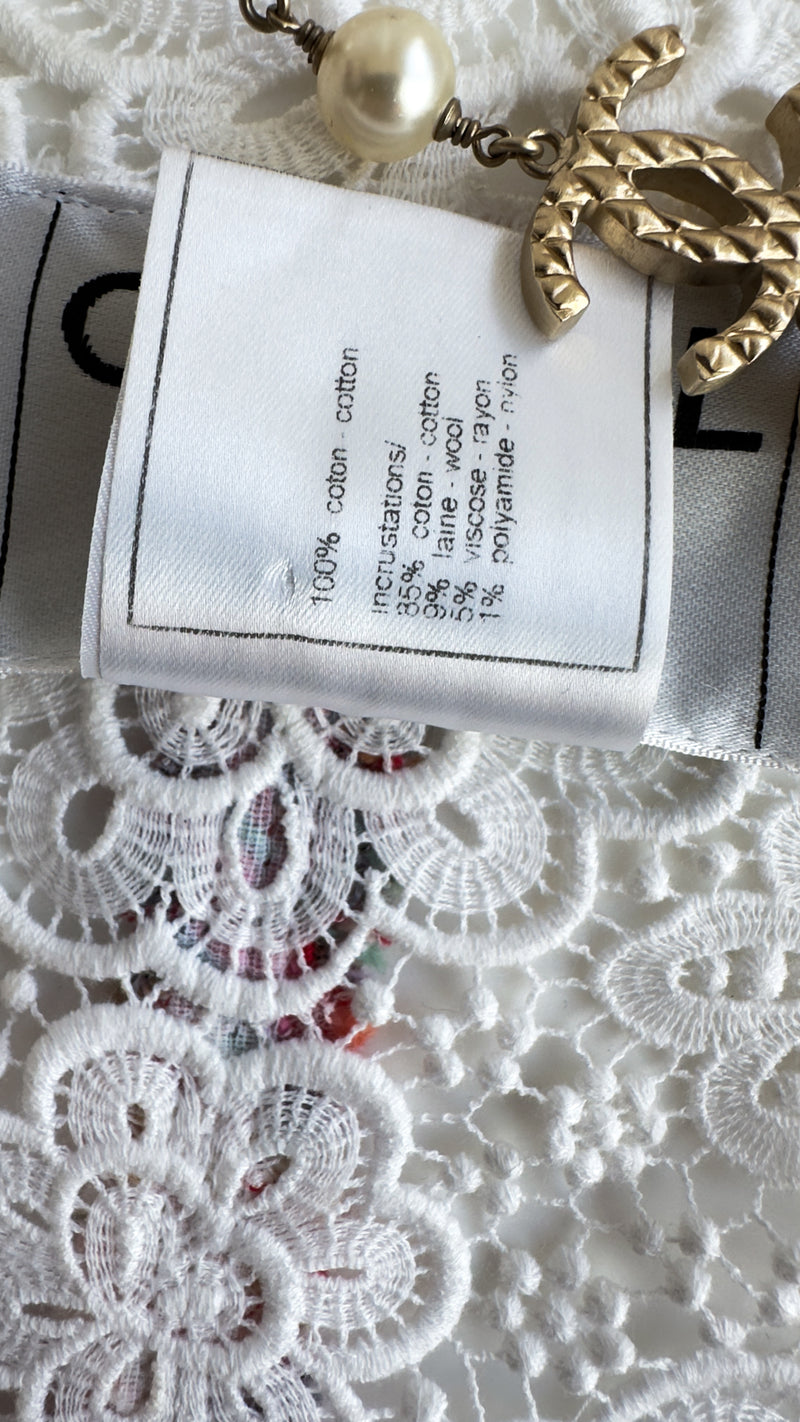 CHANEL 04S White Multicolor Camellia Cardigan Jacket Skirt Setup 36 シャネル ホワイト・マルチカラー・カメリア・カーディガン・スカート 即発