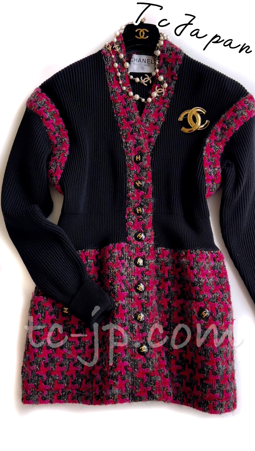 CHANEL 92A Black Green Red Pink Tweed Leather Jacket Cardigan Coat 40 42 シャネル ブラック・グリーン・レッド・レザー・ツイード・ジャケット・コート・カーディガン 即発
