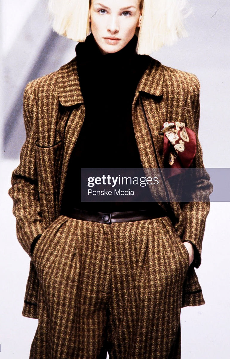 CHANEL 97A Vintage Olive Brown Wool Leather Trim Jacket 40 42 シャネル オリーブ・ブラウン・ウール・レザートリム・ジャケット 即発