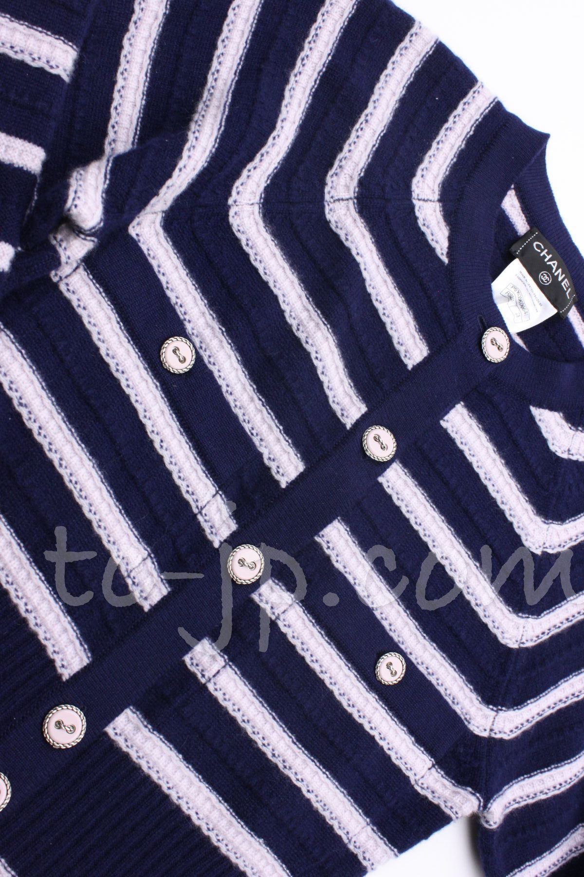 CHANEL 15S Blue Beige Stripe Cashmere Cardigan Dress 34 36 シャネル ストライプ・カシミア100 カーディガン・ワンピース 即発