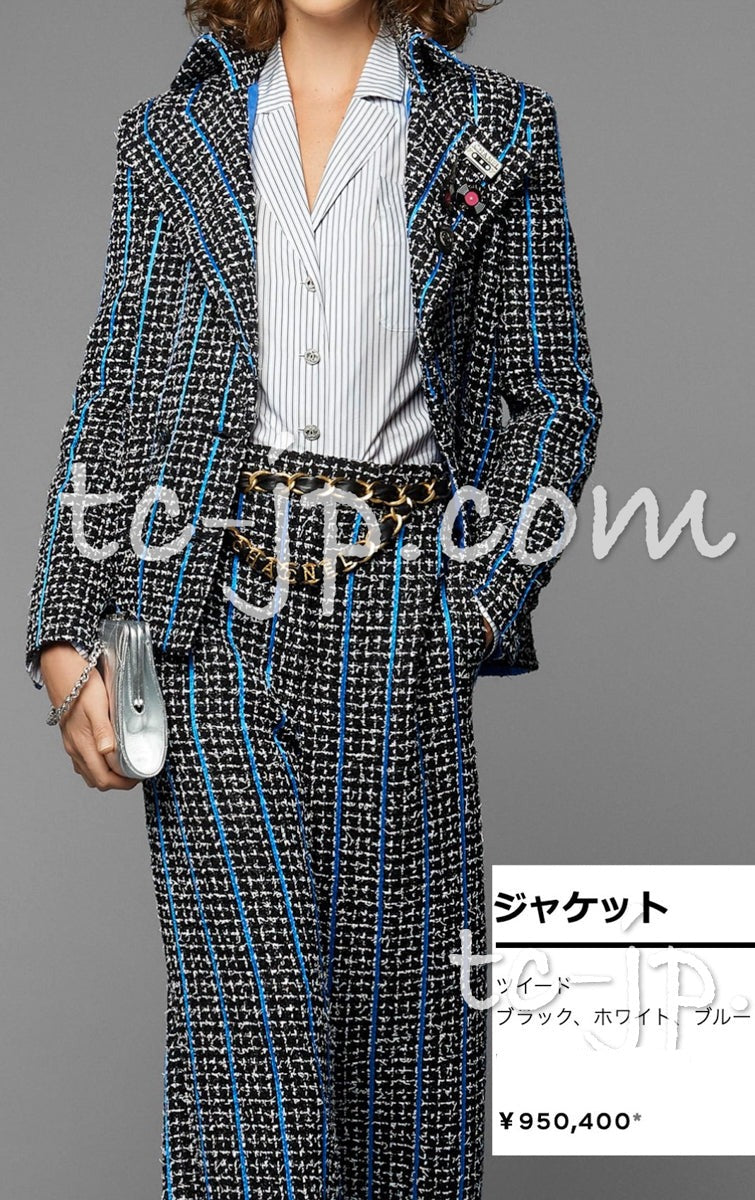 CHANEL 20PS Black White Blue Line Tweed Jacket 36 シャネル