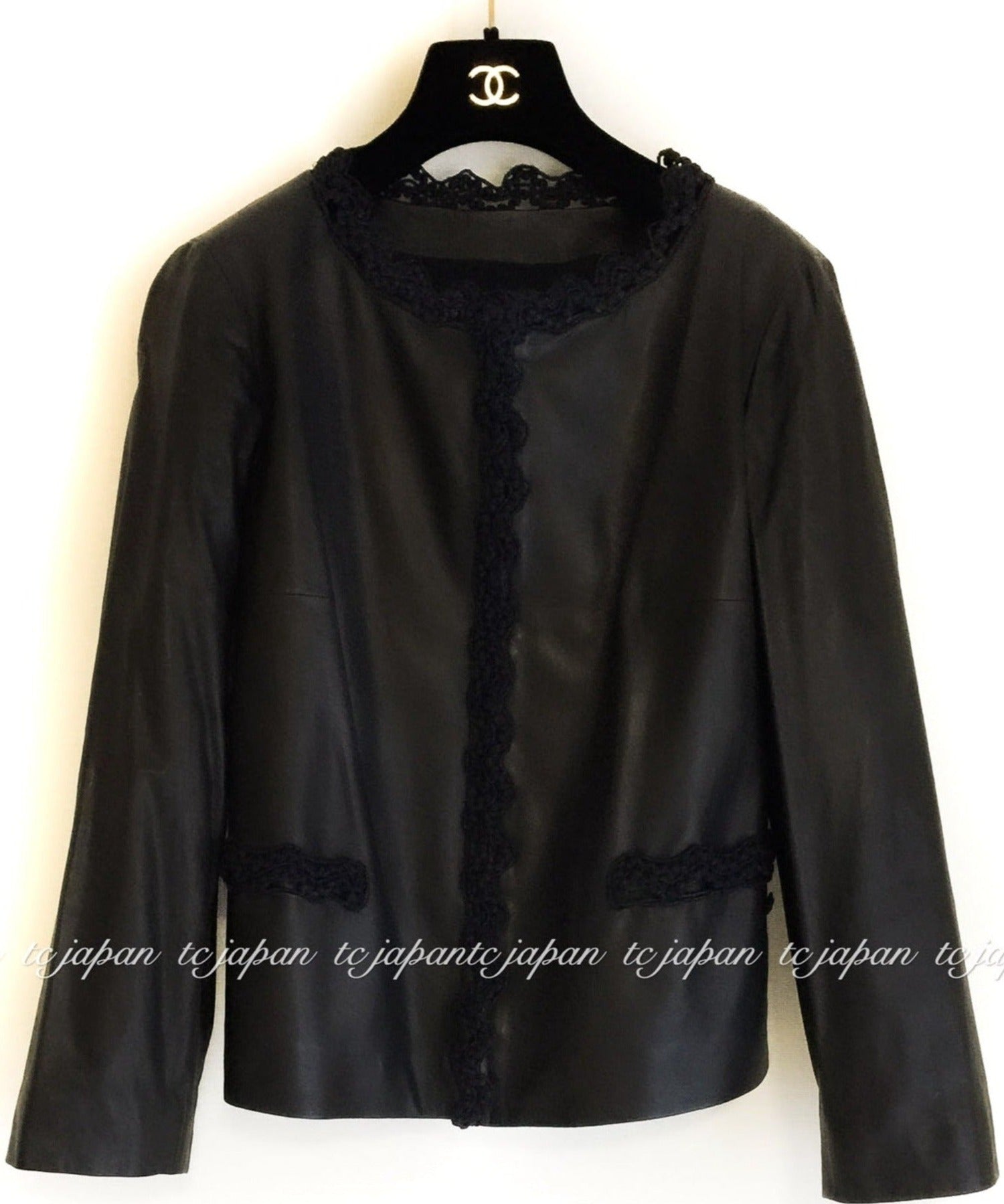 CHANEL 09A Black Brown Leather Jacket Skirt Suit 42 シャネル ブラック・レザー・コート・ジャケット スカート スーツ