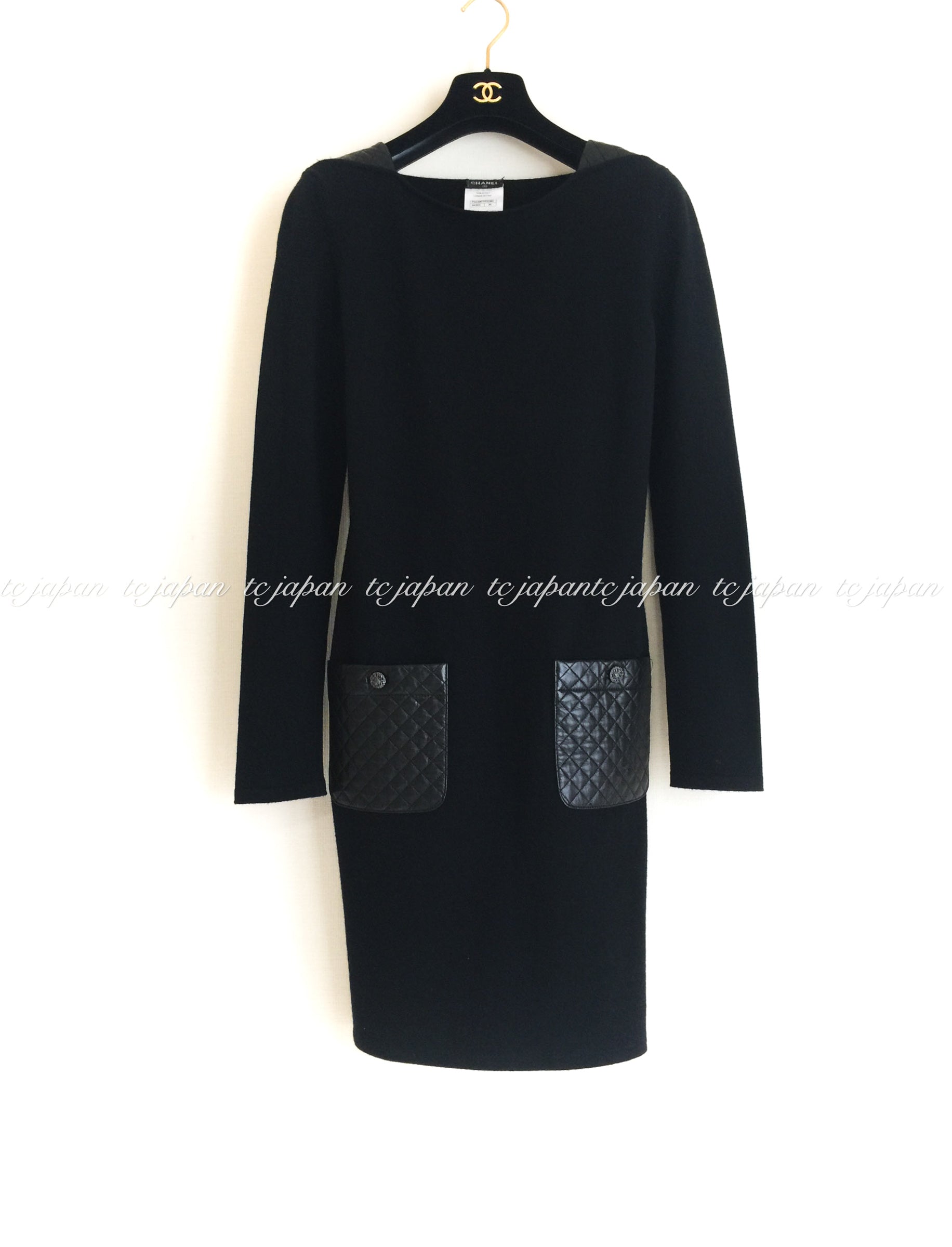 CHANEL 12A Black Wool Cashmere Lambskin Pocket Dress 34 36 シャネル  ブラック・ウール・カシミア・ラムスキン レザー マトラッセ・ポケット・ワンピース 即発