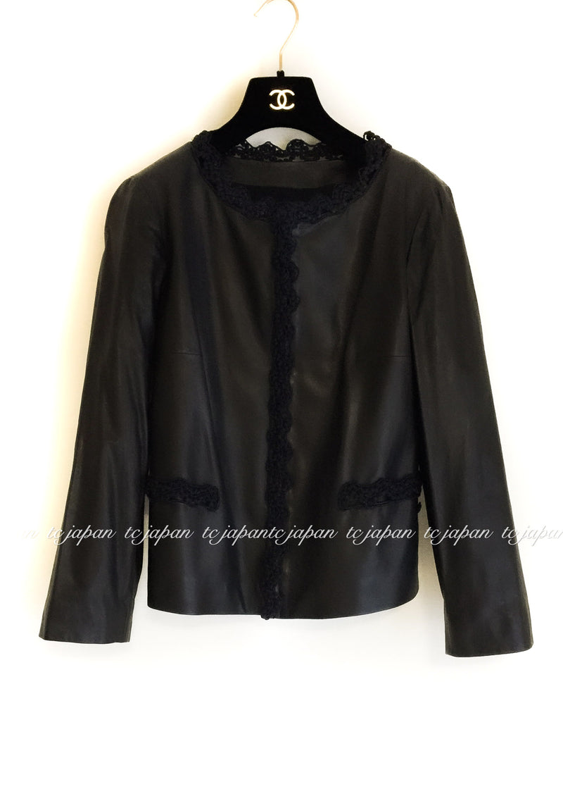 CHANEL 09A Black Brown Leather Jacket Skirt Suit 42 シャネル ブラック・レザー・コート・ジャケット スカート スーツ