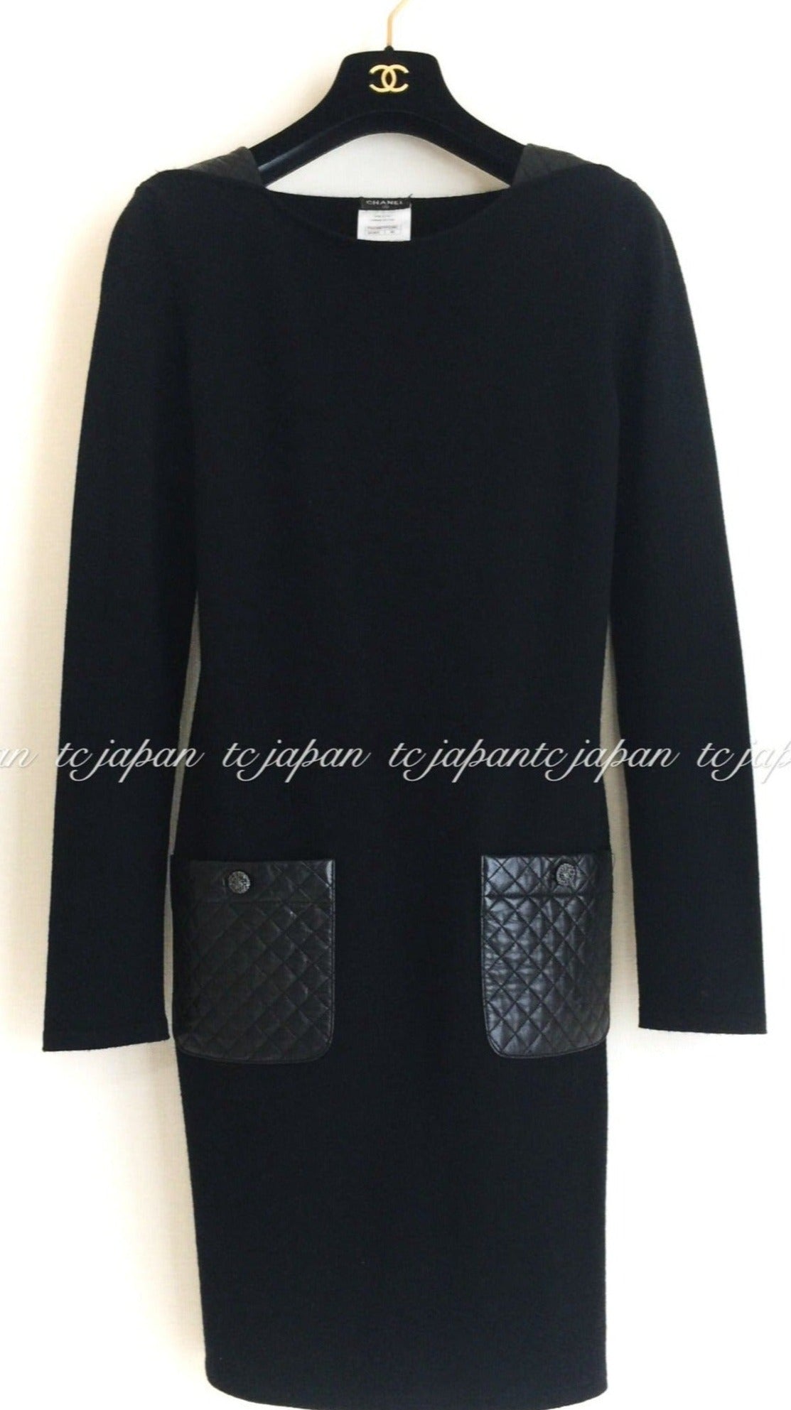 CHANEL 12A Black Wool Cashmere Lambskin Pocket Dress 34 36 シャネル ブラック・ウール・カシミア・ラムスキン レザー マトラッセ・ポケット・ワンピース 即発