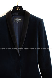 CHANEL 18PF Black Navy Velvet Chain Link Accent Jacket 42 シャネル ブラック ネイビー ベルベット・チェーン・ジャケット 即発