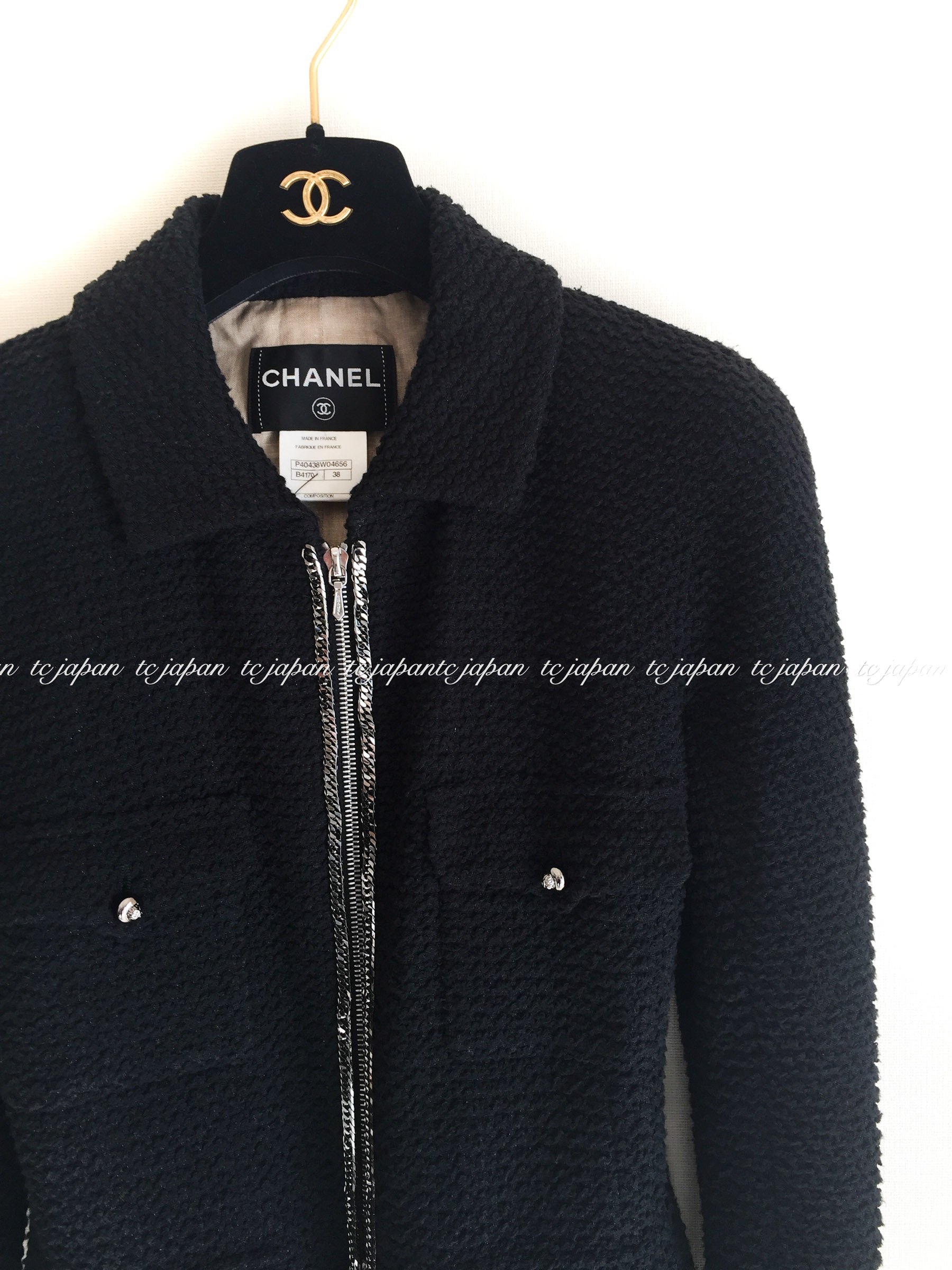 CHANEL 11S White Black Zipper Chain Trimming Jacket 38 シャネル  チェーントリム・ホワイト・ブラック・ジッパー・ジャケット 即発