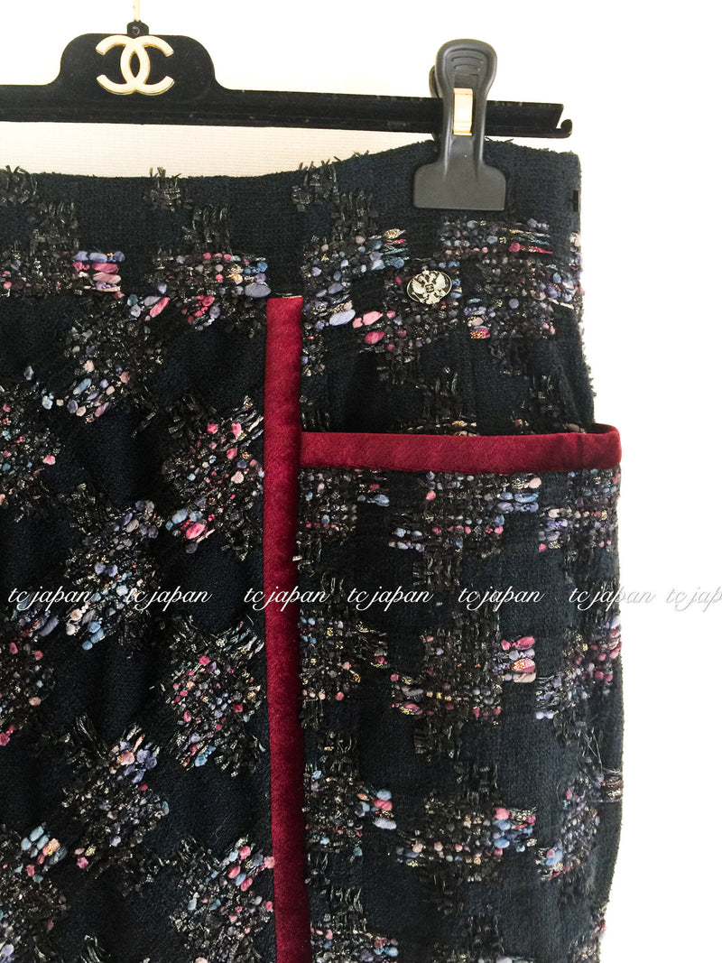 CHANEL 09PF Navy Velvet Satin Tweed Jacket Skirt 40 42 シャネル ベルベット・サテン・ジャケット・スカート 即発