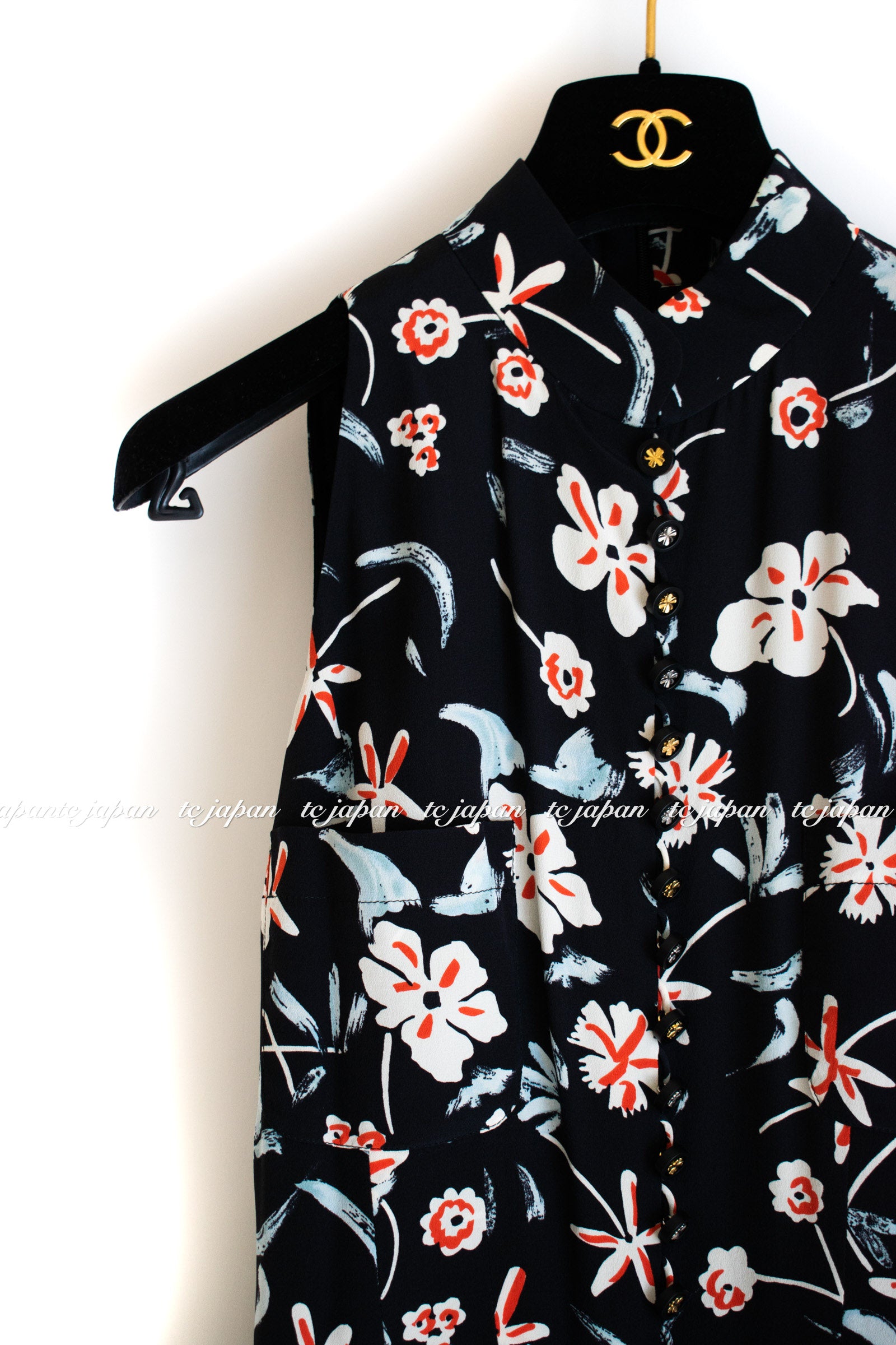 シャネル ワンピース CHANEL ネイビー ノースリーブ 花柄 シルク