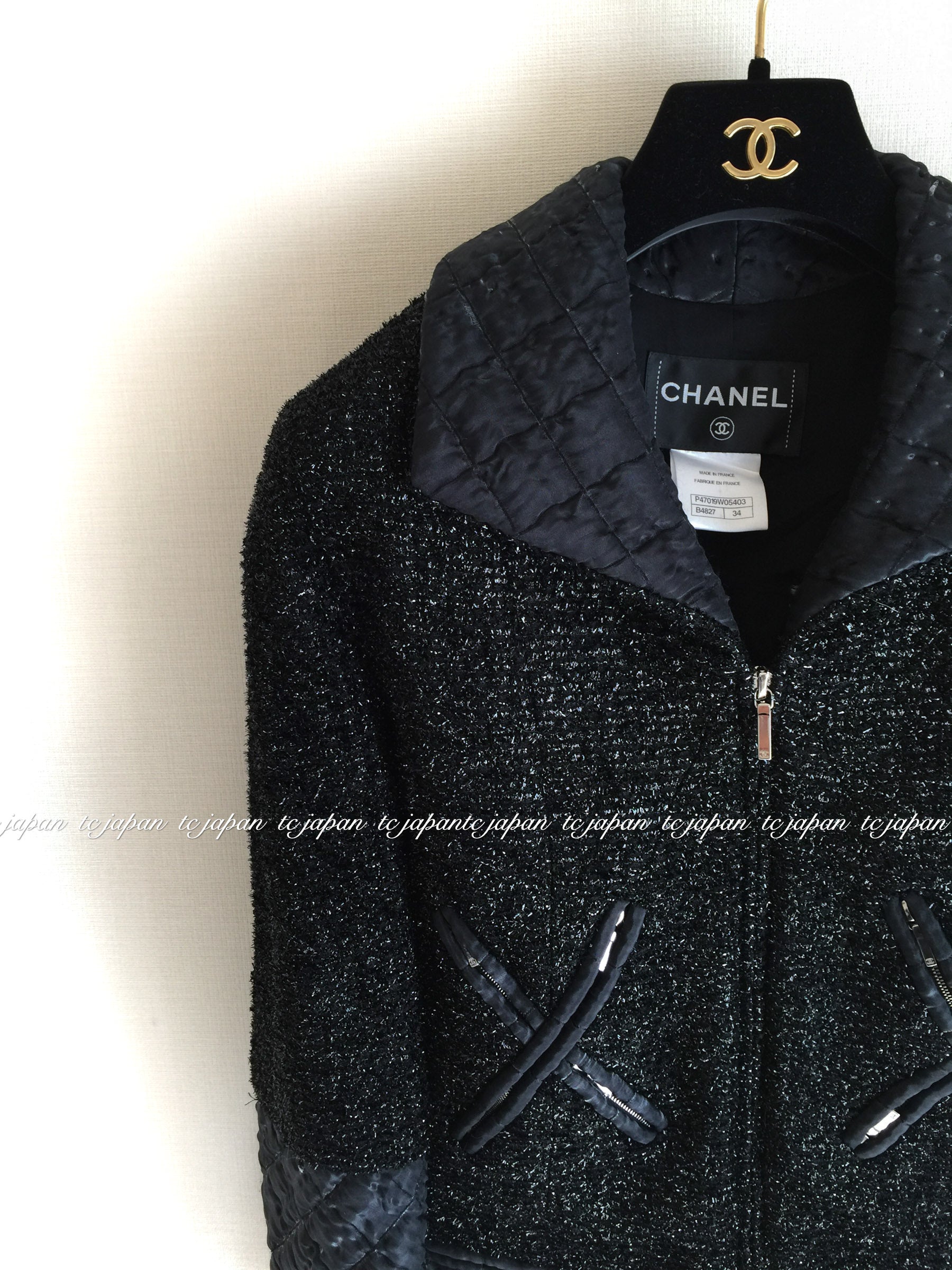 CHANEL 13A Black Quilted Metallic Zip Jacket 34 シャネル ブラック・メタリック・ジッパー・ジャケット  即発