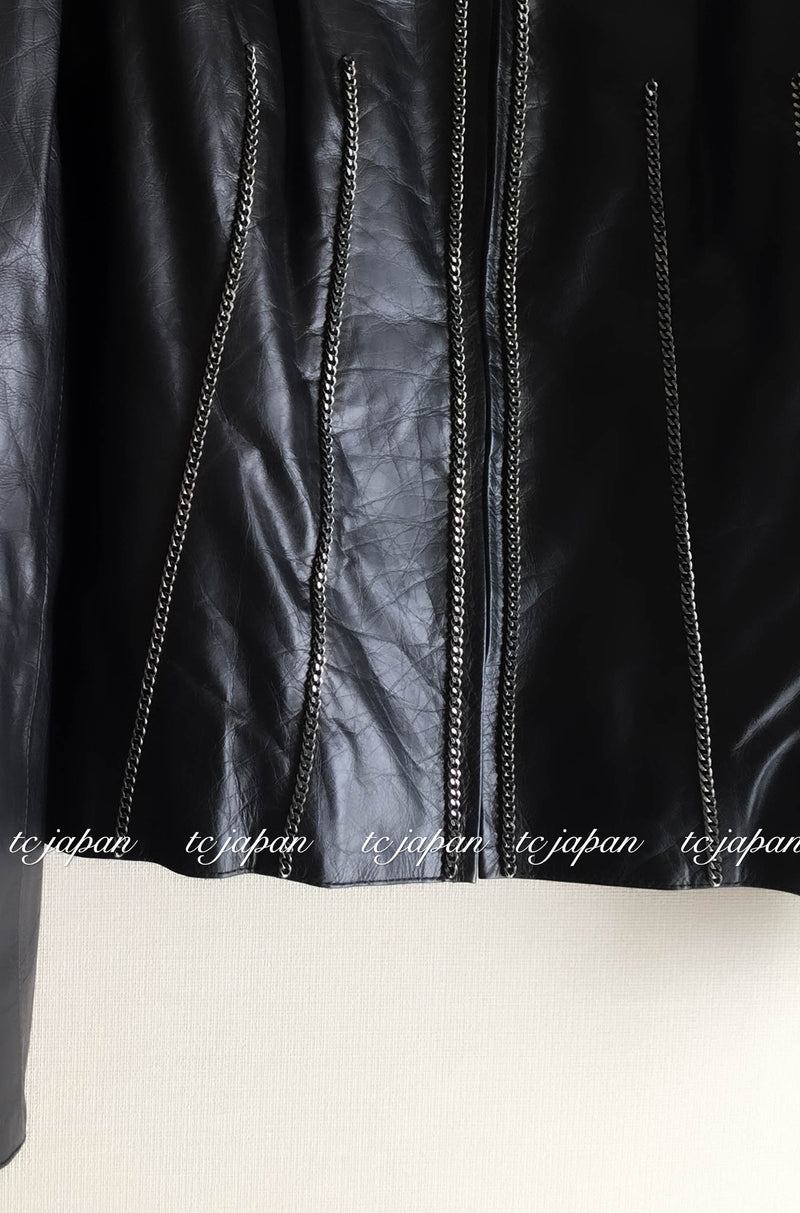 CHANEL 06PF Black Leather Jacket Silver Tone Chain 38 シャネル シルバーチェーン・カーフ レザー・ジャケット 即発