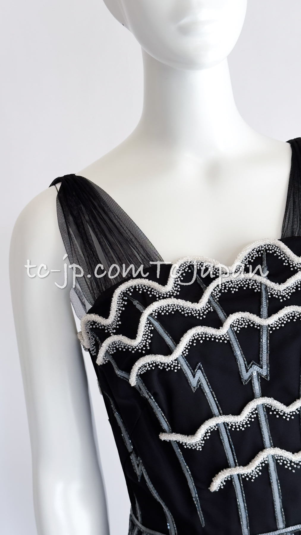 CHANEL 06S Black Peticoat Beads Sequins Silk Dress 34 シャネル ブラック・豪華装飾・ビーズ・オートクチュール技法・女優ドレス・シルク・ワンピース
