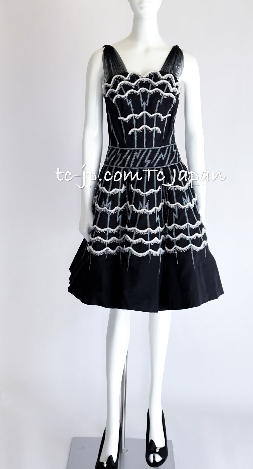 CHANEL 06S Black Peticoat Beads Sequins Silk Dress 34 シャネル ブラック・豪華装飾・ビーズ・オートクチュール技法・女優ドレス・シルク・ワンピース