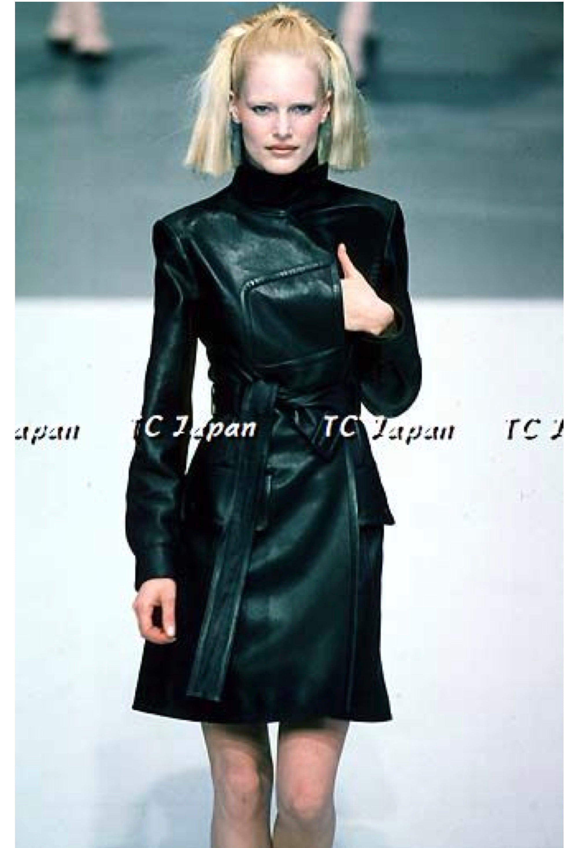 CHANEL 97A choco Black Leather Trench Coat 36 シャネル チョコ ブラック・レザー・ジャケット コート