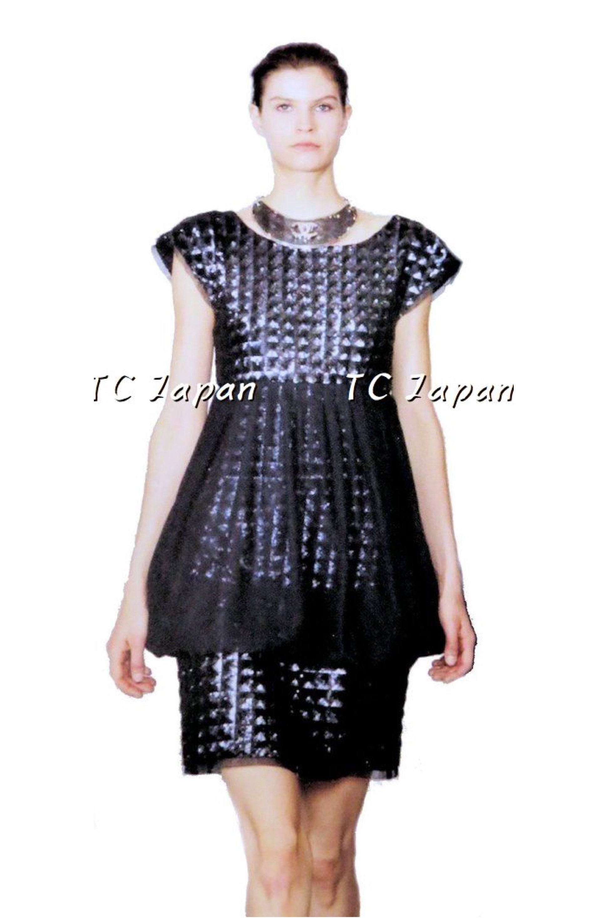 CHANEL 14S Navy Sequin Dress 34 シャネル ネイビー・ワンピース
