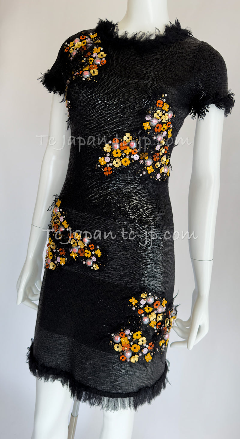 CHANEL 07PF Monte Carlo Flower Embroidered Collectors Dress 34 36 シャネル・モンテカルロ・ブラック・フラワー・アップリケ・ワンピース 即発