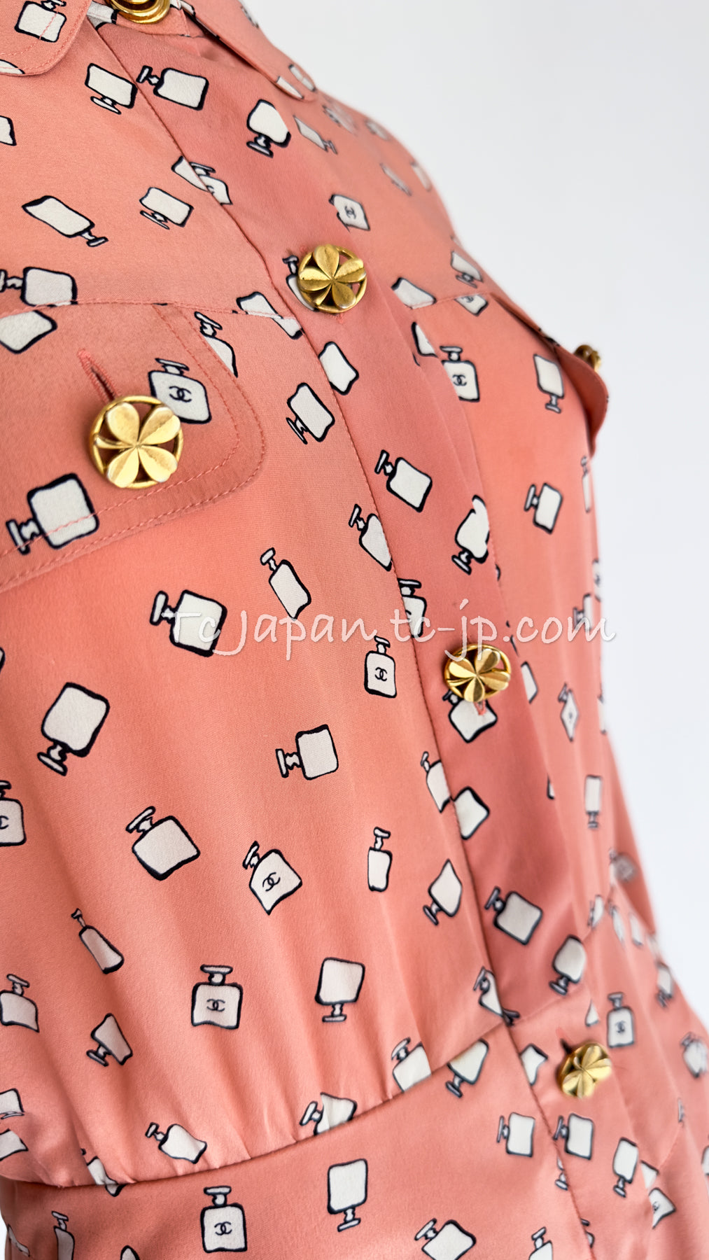 CHANEL 80's Pink Perfume Bottle CC Logo Print Dress 40 シャネル  ピンク・香水ボトル・CCロゴ・ワンピース 即発