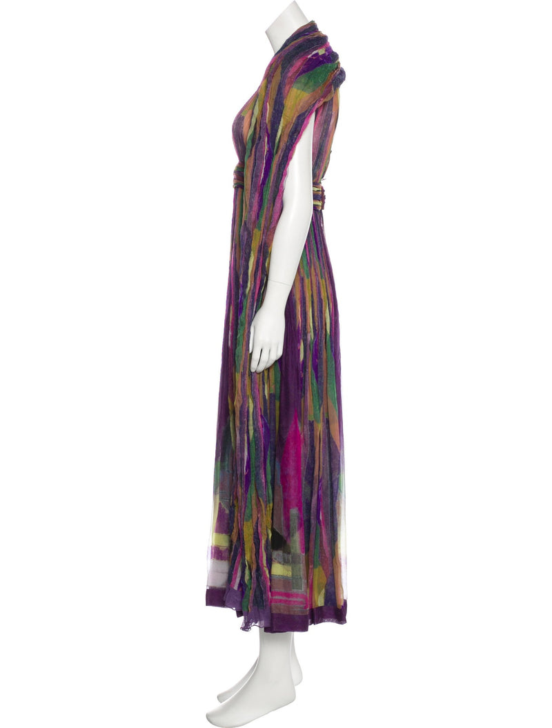 CHANEL 12A Purple Multicolor Silk Dress 38 シャネル ショール付きパープル・マルチカラー・シルク・ワンピース