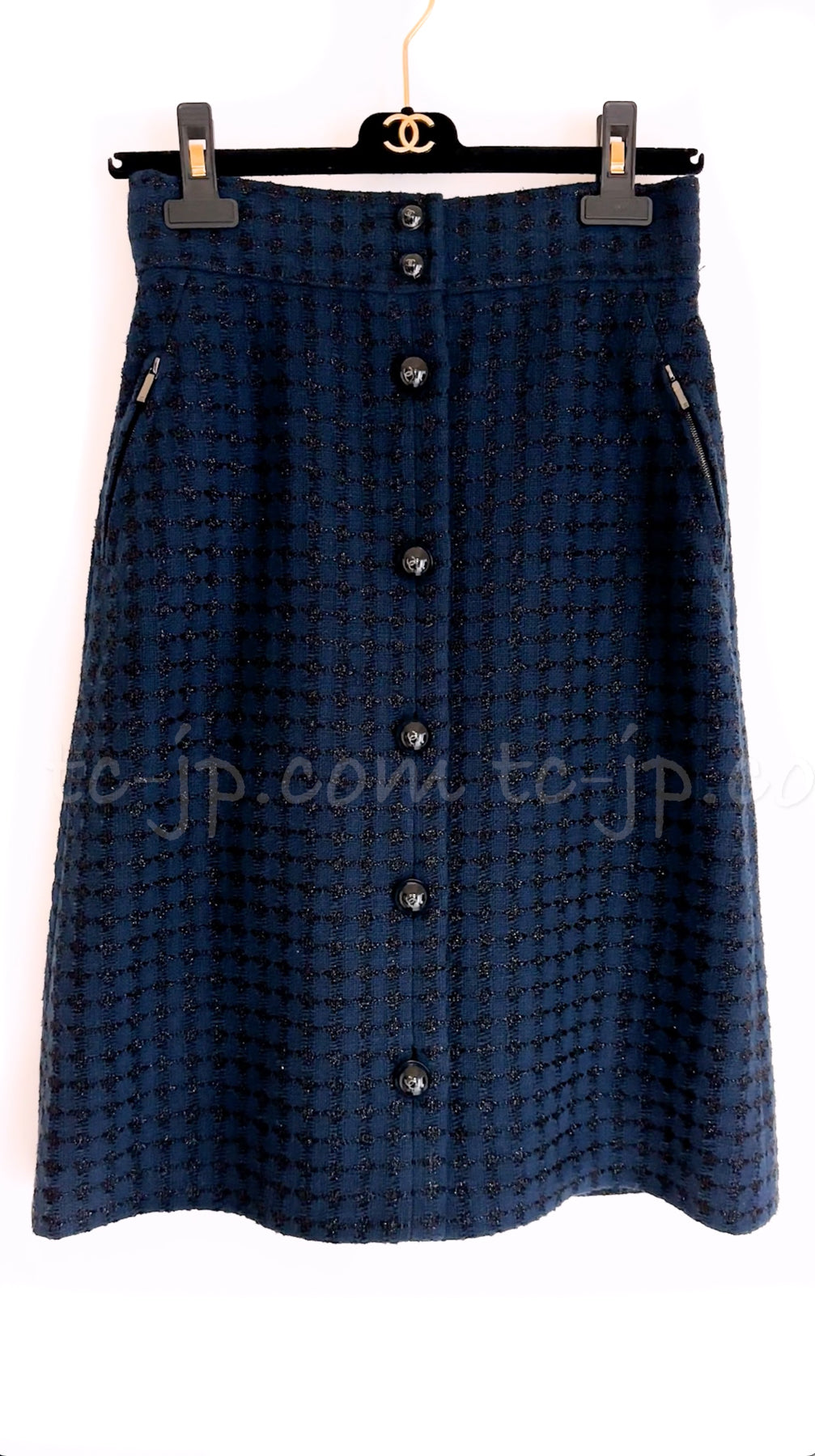 CHANEL 16S Navy Black Tweed Jacket Skirt Suit 36 38 シャネル ネイビー・ブラック・ツイード・ジャケット・スカート・スーツ 即発