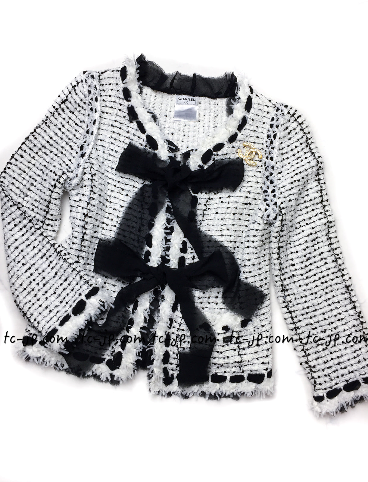 CHANEL 05S White Black Tweed Cardigan Jacket Skirt 34 36 38 42 シャネル ホワイト・ブラックリボン・ツイード・カーディガン・ジャケット・スカート 即発