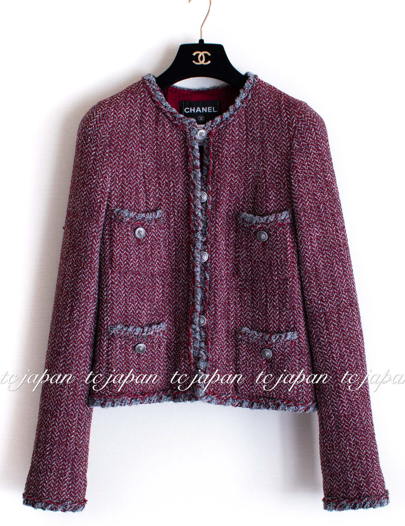 CHANEL 08A Red Grey Wool Tweed Jacket Skirt Suit 36 シャネル レッド・グレー・ウール・ツイード・ジャケット・スカート スーツ