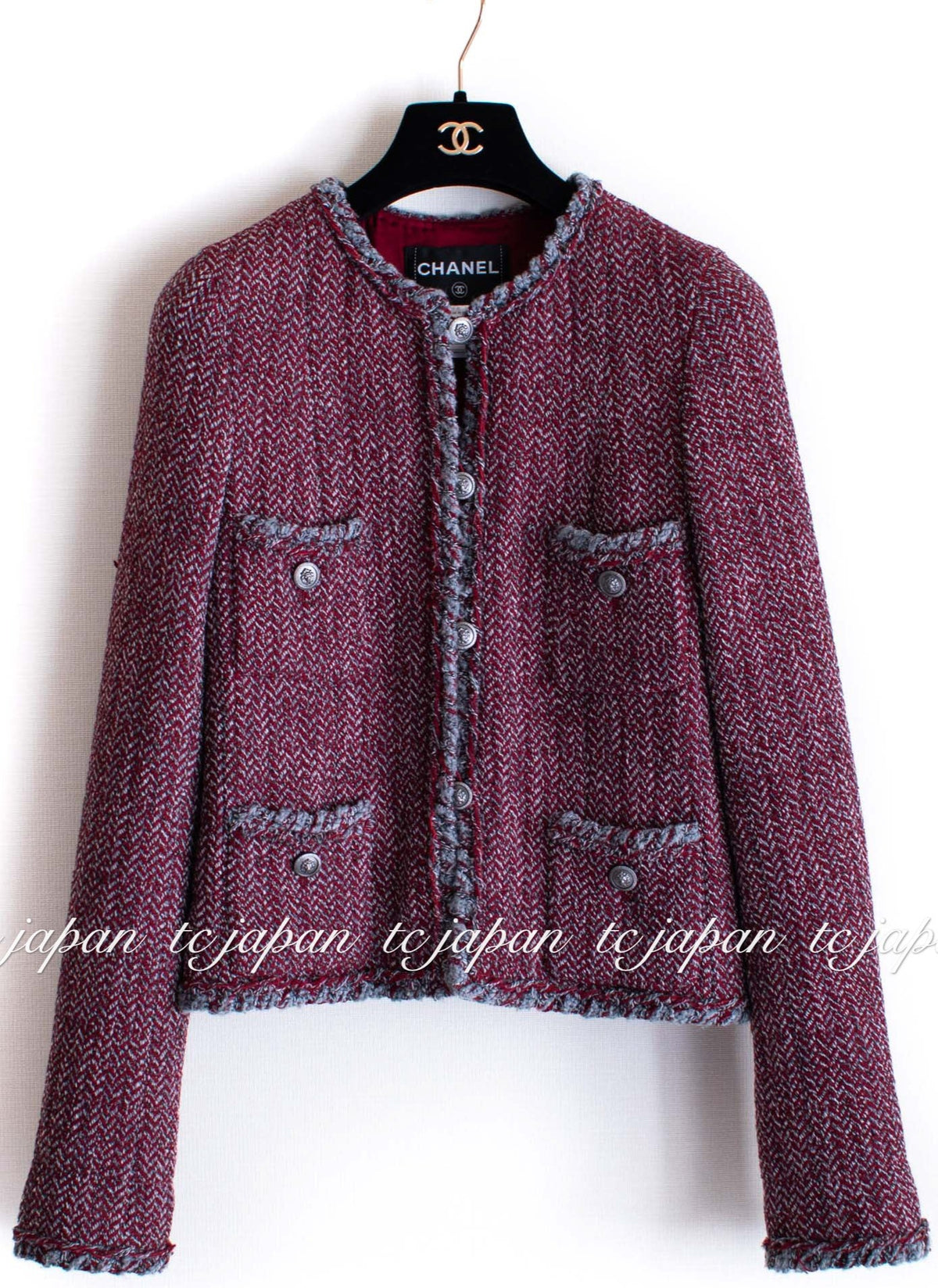 CHANEL 08A Red Grey Wool Tweed Jacket Skirt Suit 36 シャネル レッド・グレー・ウール・ツイード・ジャケット・スカート スーツ