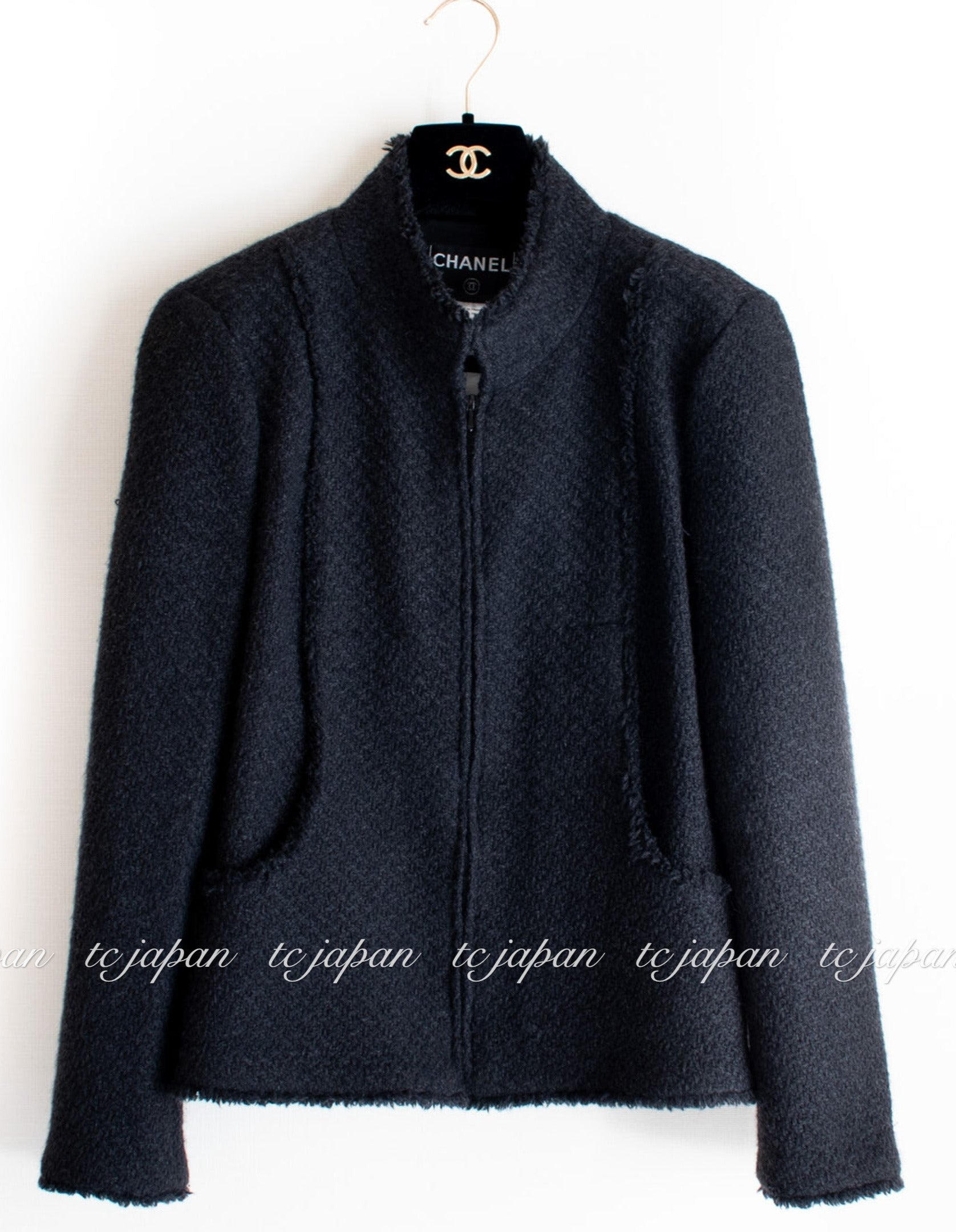 CHANEL 04A Black Wool Jacket Black 42 シャネル ブラック ウール フリンジ ツイード ジャケット 即発