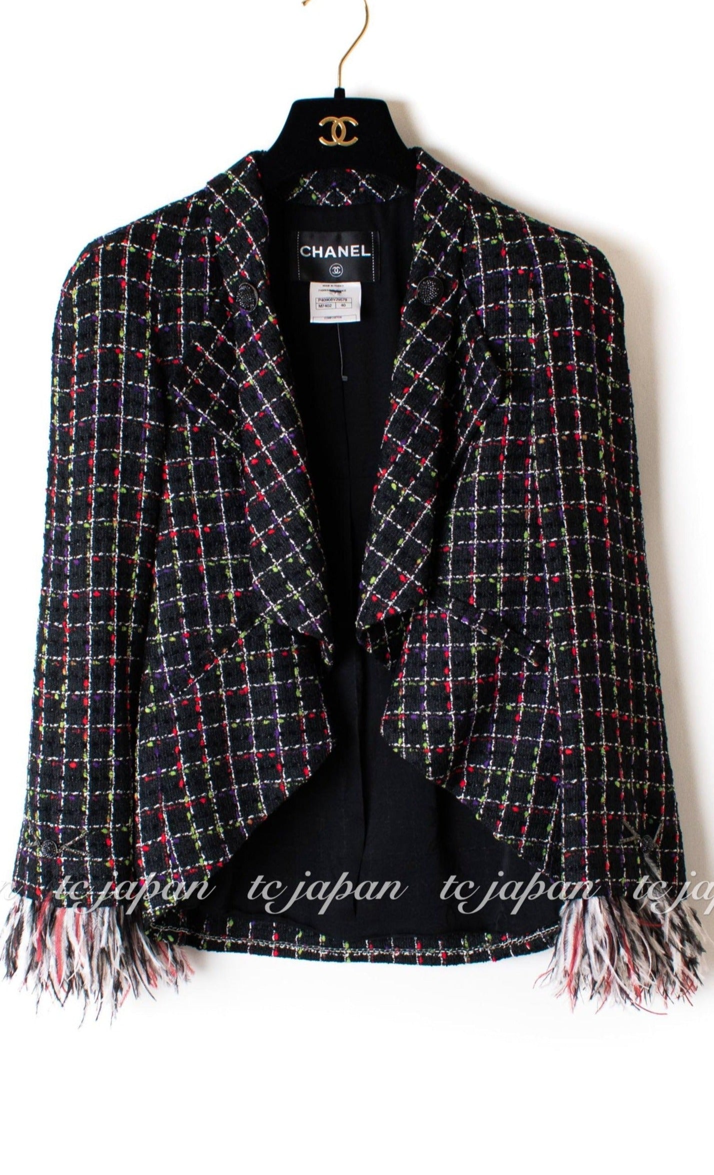 CHANEL 11S Black Feather Trimmed Tweed Jacket 38 シャネル ブラック・フェザー  トリム・ツイード・ジャケット