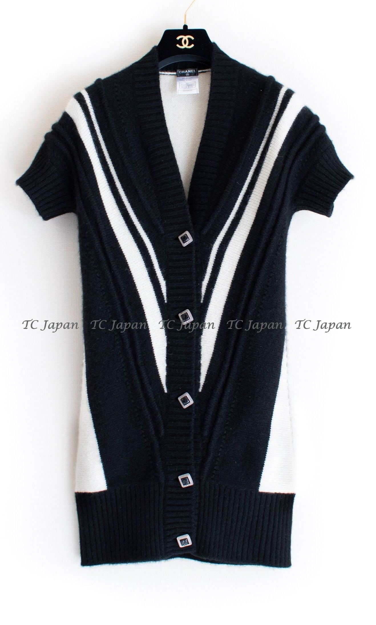 CHANEL 08PF Black Ivory Line Cashmere Mohair Cardigan 34 シャネル  ブラック・アイボリー・カシミア・モヘア・Vライン・カーディガン