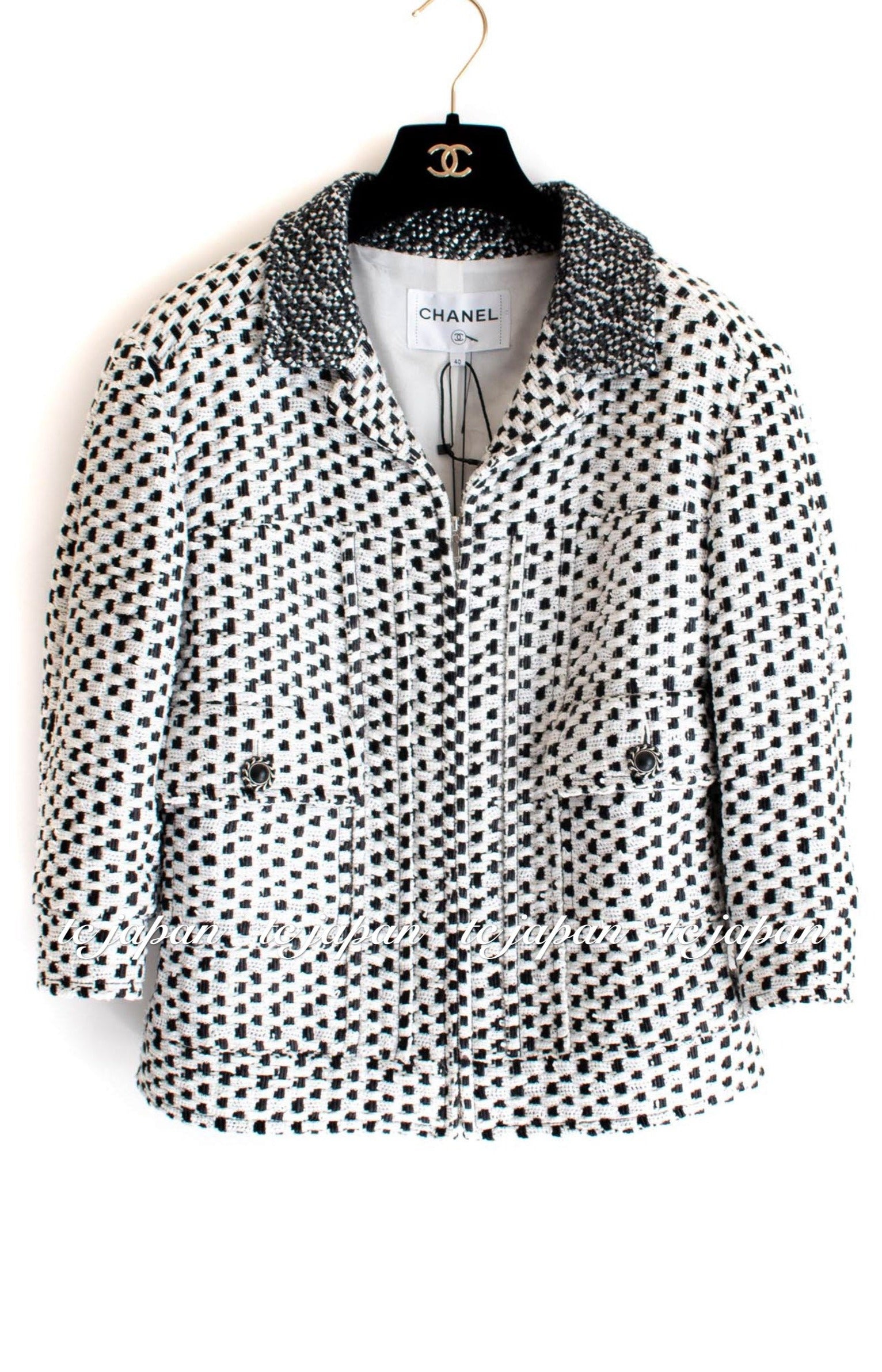 CHANEL 16B White Silver Black Silk Cotton Jacket 42 44 46 シャネル ホワイト シルバー  ブラック シルク コットン ツイード ジャケット 即発