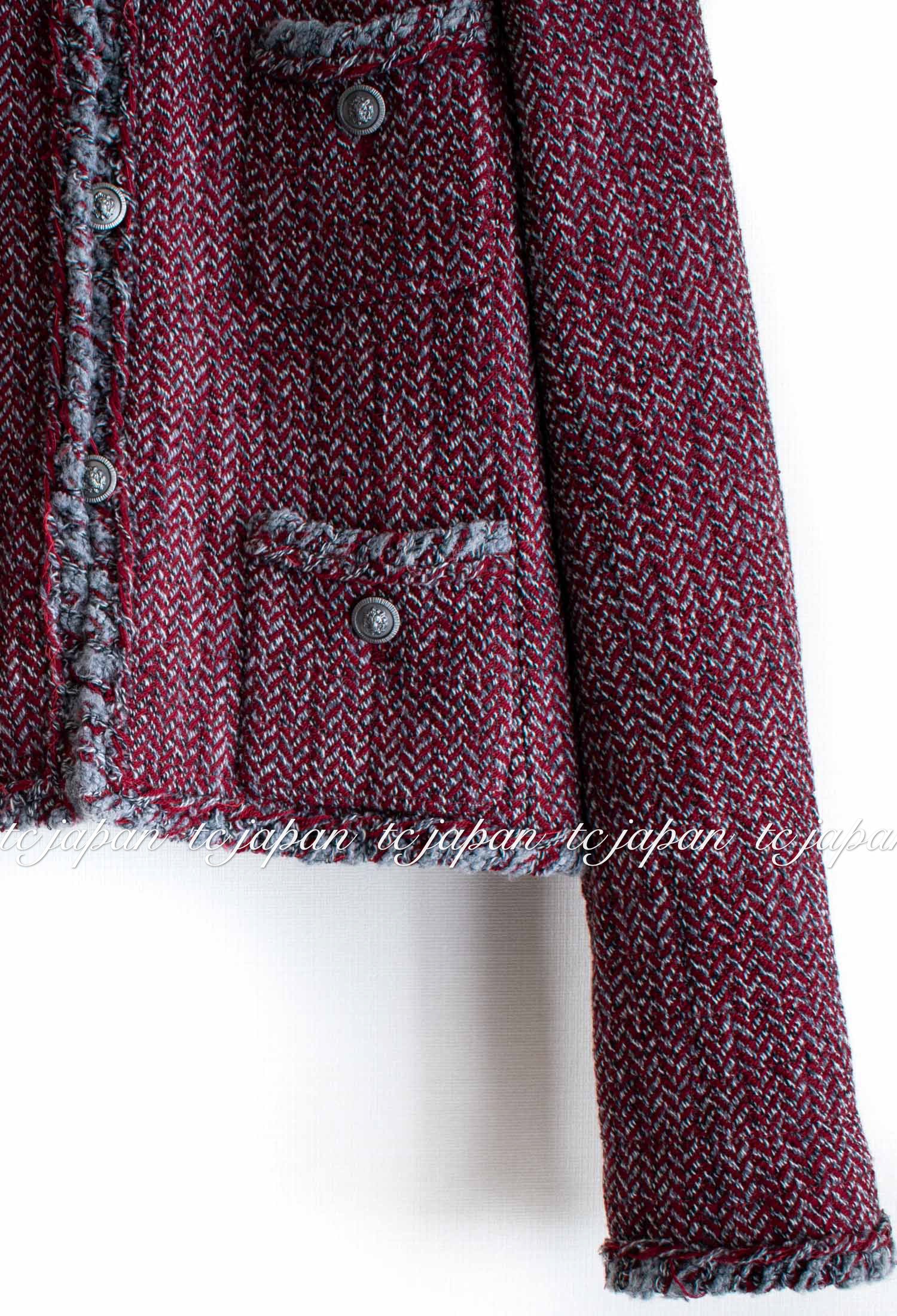 CHANEL 08A Red Grey Wool Tweed Jacket Skirt Suit 36 シャネル レッド・グレー・ウール・ツイード・ジャケット・スカート スーツ