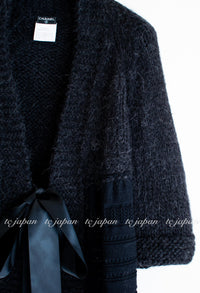 CHANEL 07PF Charcoal Black Alpaca Cardigan 36 38 シャネル 高級アルパカ リボン チャコールグレー ブラック・カーディガン
