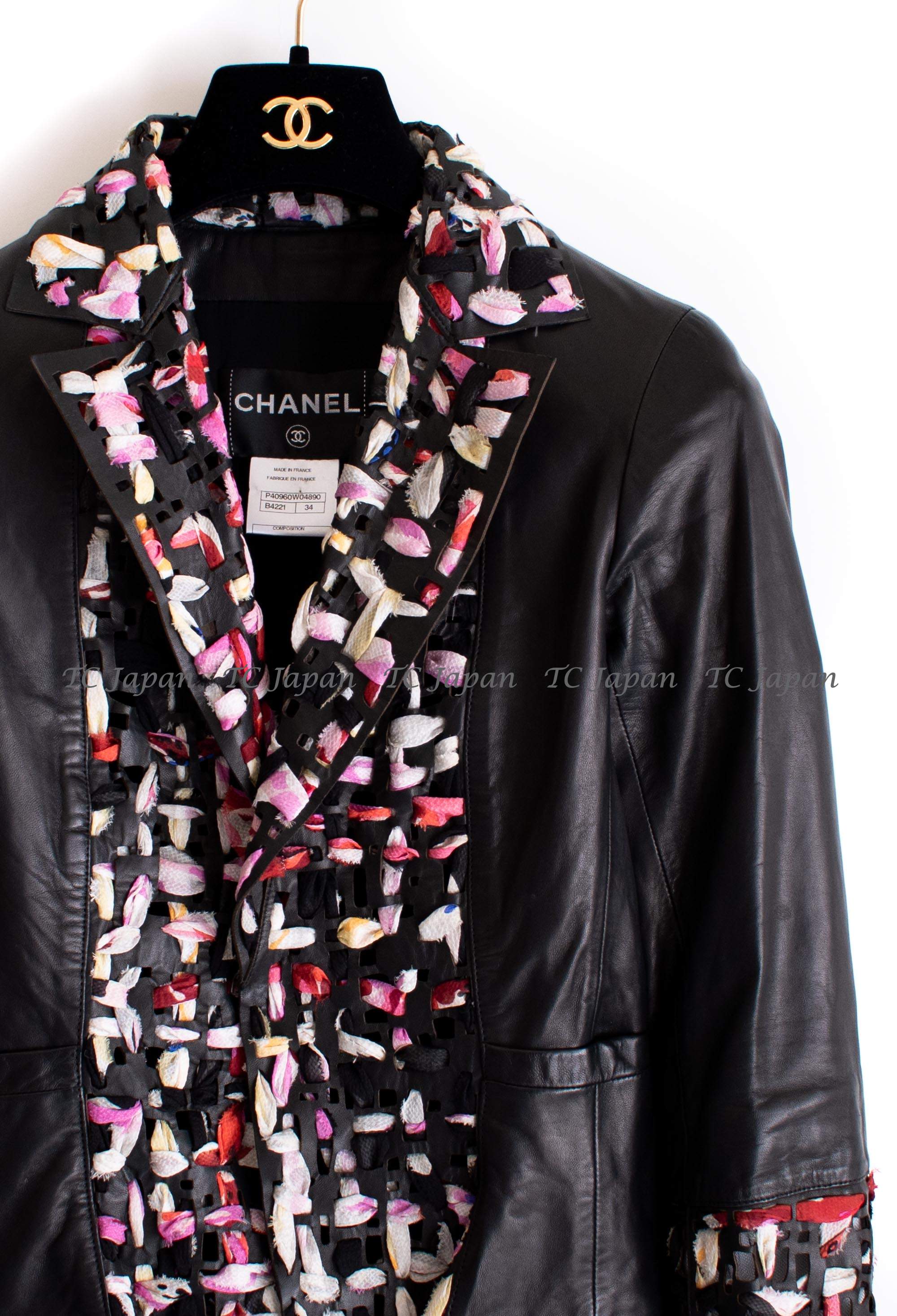 シャネル ブラック・レザー・ジャケット CHANEL 11S Flower Silk